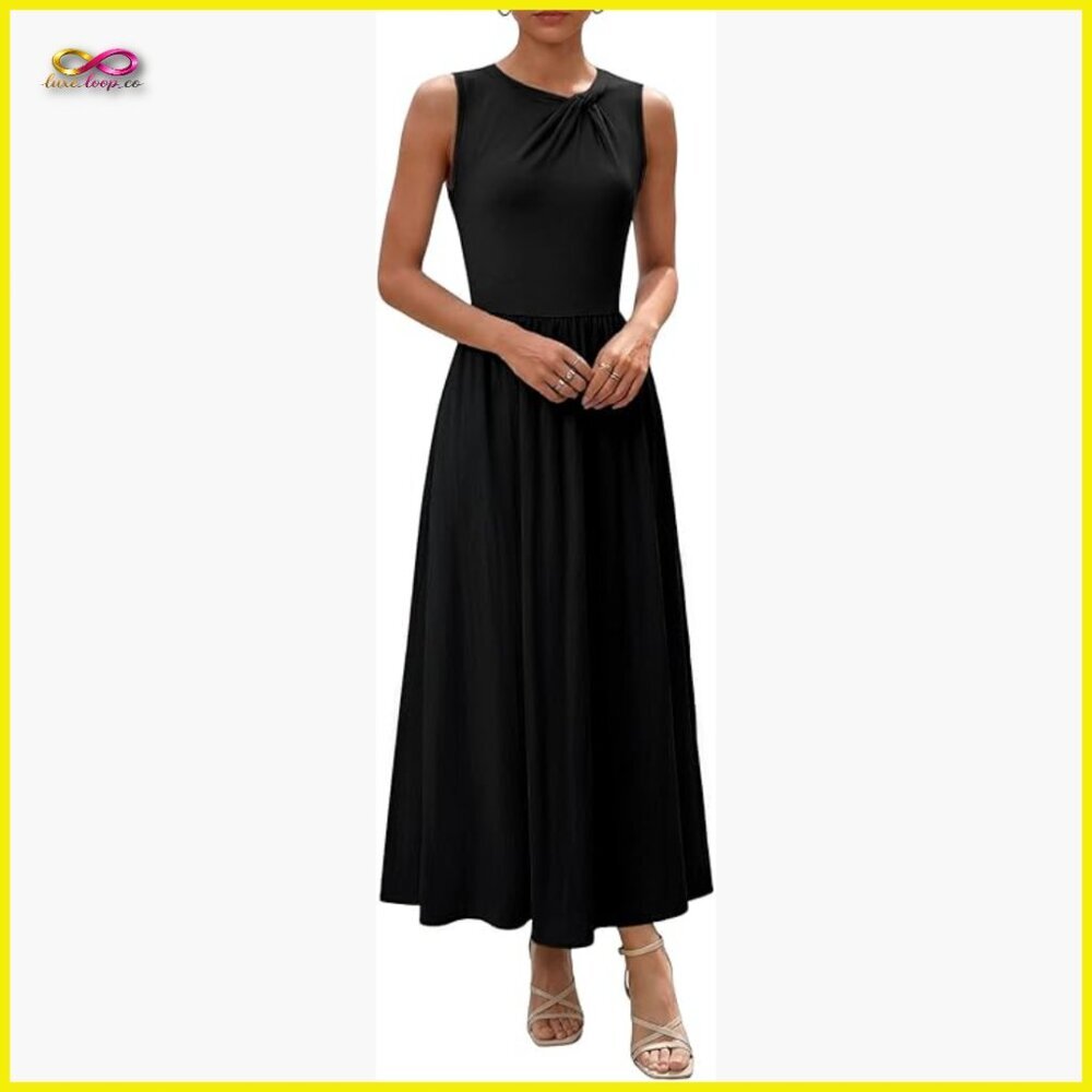 Sleeveless Maxi Dress Crewneck Twist Knot Stretch Cocktail A-Line with Pocket